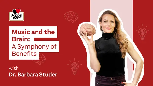 A woman holds a model of a brain while standing against a colorful background. The text highlights a discussion on "Music and the Brain: A Symphony of Benefits," featuring Dr. Barbara Studer, emphasizing the positive effects of music on cognitive function.