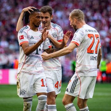 Na slici su fudbaleri tima Bayerna koji slave postignut gol. Njih trojica poziraju, jedan od njih se dodiruje po glavi, dok ostali izražavaju radost. Svi su u belim dresovima sa detaljima u crvenoj i plavoj boji. Stadion u pozadini je ispunjen navijačima.