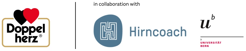 Logo of Doppelherz alongside the Hirncoach logo and the University of Bern logo. The layout indicates a collaboration between these entities. The image primarily conveys partnership for health and cognitive support initiatives.